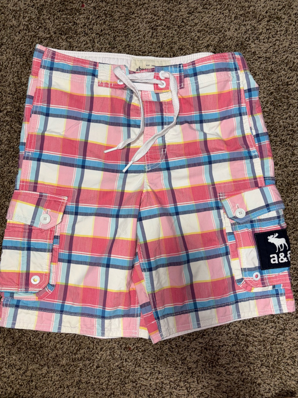 Abercrombie & Fitch Pink Blue Yellow Plaid Kids Swim Trunks